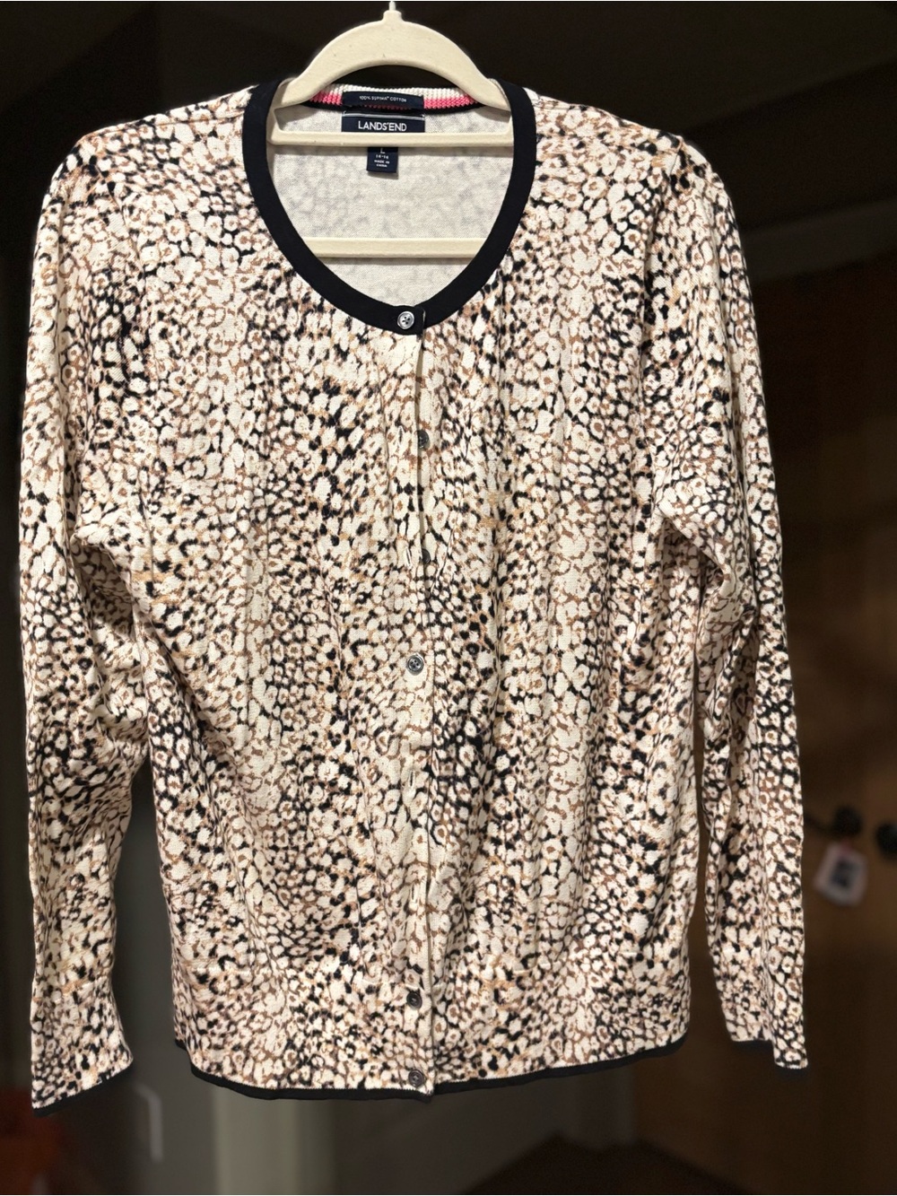 Lands' End Women's Beige and Black Leopard-Print Button Cardigan